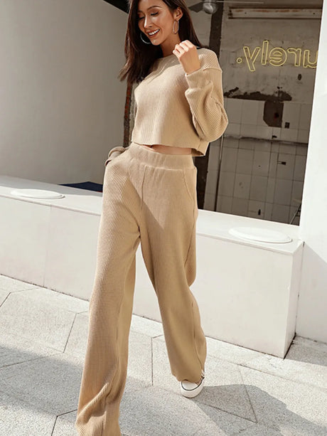 Waffle-Knit Round Neck Top and Pants Set - V.I.P Digital Presence