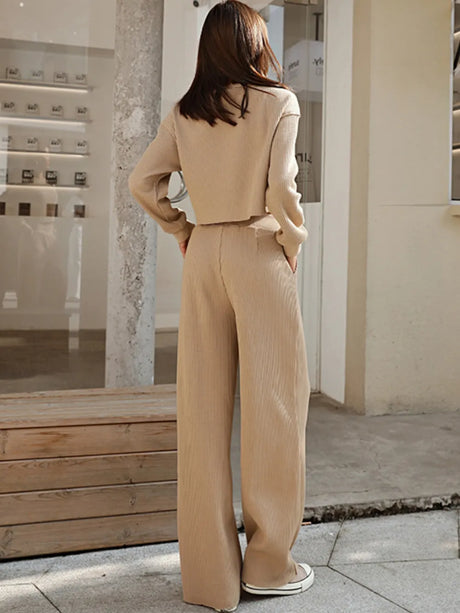 Waffle-Knit Round Neck Top and Pants Set - V.I.P Digital Presence