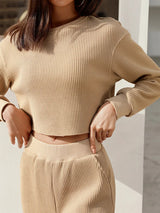 Waffle-Knit Round Neck Top and Pants Set - V.I.P Digital Presence