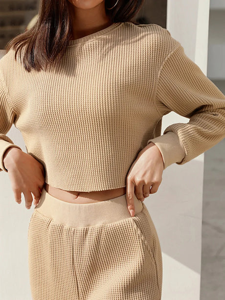 Waffle-Knit Round Neck Top and Pants Set - V.I.P Digital Presence