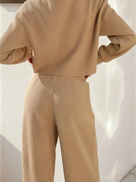 Waffle-Knit Round Neck Top and Pants Set - V.I.P Digital Presence