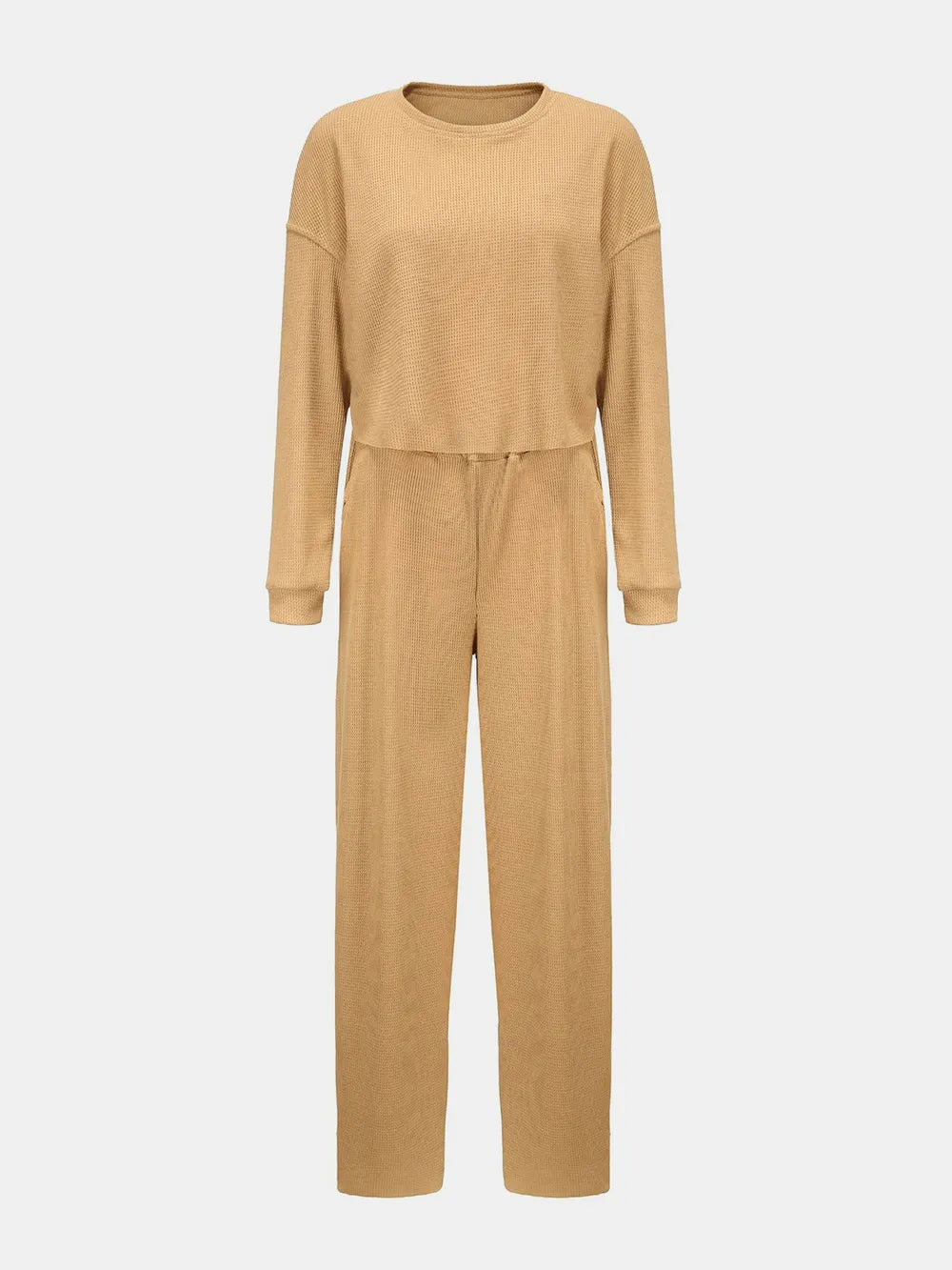 Waffle-Knit Round Neck Top and Pants Set - V.I.P Digital Presence