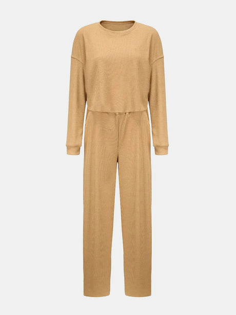 Waffle-Knit Round Neck Top and Pants Set - V.I.P Digital Presence