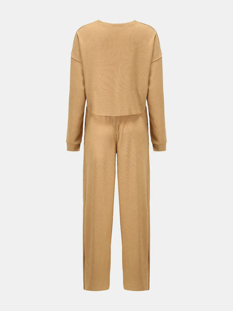Waffle-Knit Round Neck Top and Pants Set - V.I.P Digital Presence