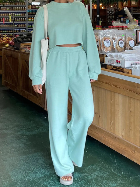 Waffle-Knit Round Neck Top and Pants Set - V.I.P Digital Presence