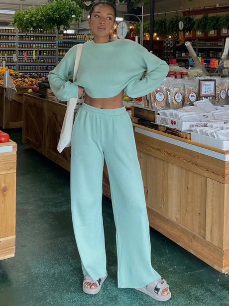 Waffle-Knit Round Neck Top and Pants Set - V.I.P Digital Presence