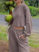 Waffle-Knit Round Neck Top and Pants Set - V.I.P Digital Presence