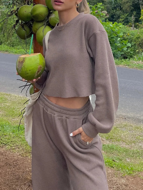 Waffle-Knit Round Neck Top and Pants Set - V.I.P Digital Presence