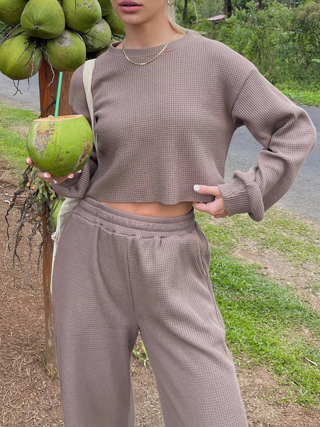 Waffle-Knit Round Neck Top and Pants Set - V.I.P Digital Presence