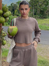 Waffle-Knit Round Neck Top and Pants Set - V.I.P Digital Presence