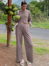 Waffle-Knit Round Neck Top and Pants Set - V.I.P Digital Presence