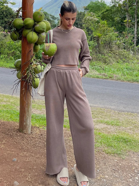 Waffle-Knit Round Neck Top and Pants Set - V.I.P Digital Presence