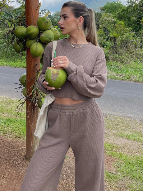 Waffle-Knit Round Neck Top and Pants Set - V.I.P Digital Presence
