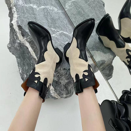 Western Cowboy Boots Summer Thin Women's Korean Fashion Splicing Pointed Retro Look Skinny Thick Heel Mid heeled Short Boots - V.I.P Digital Presence