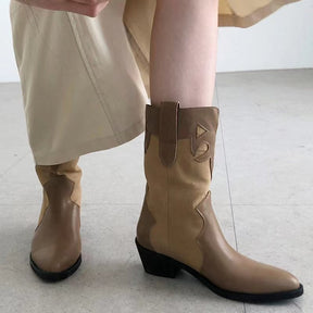 Western Cowboy Boots Summer Thin Women's Korean Fashion Splicing Pointed Retro Look Skinny Thick Heel Mid heeled Short Boots - V.I.P Digital Presence