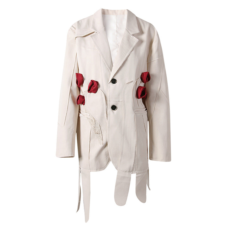 White snow rose three-dimensional flower decoration slim fit two button suit jacket - V.I.P Digital Presence