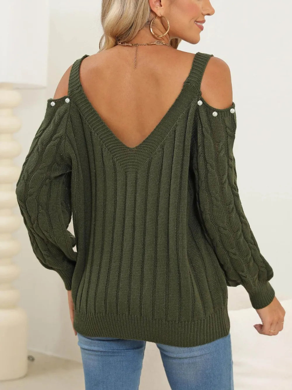 Women's autumn and winter deep V sexy off shoulder loose pullover sweater top for women - V.I.P Digital Presence