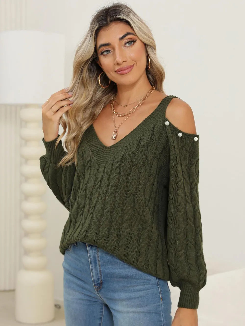 Women's autumn and winter deep V sexy off shoulder loose pullover sweater top for women - V.I.P Digital Presence