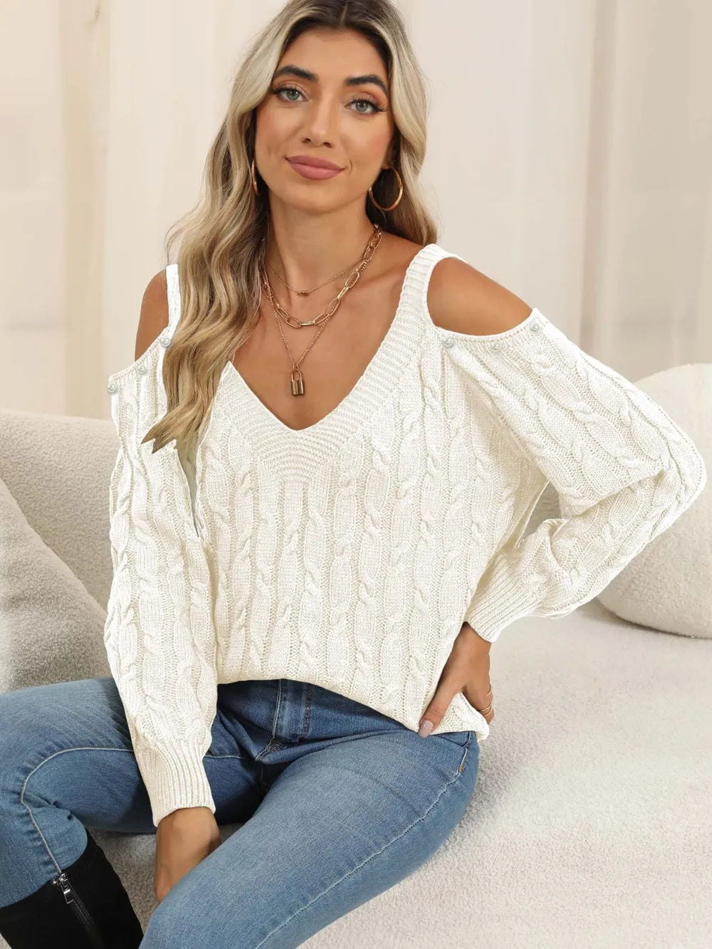 Women's autumn and winter deep V sexy off shoulder loose pullover sweater top for women - V.I.P Digital Presence