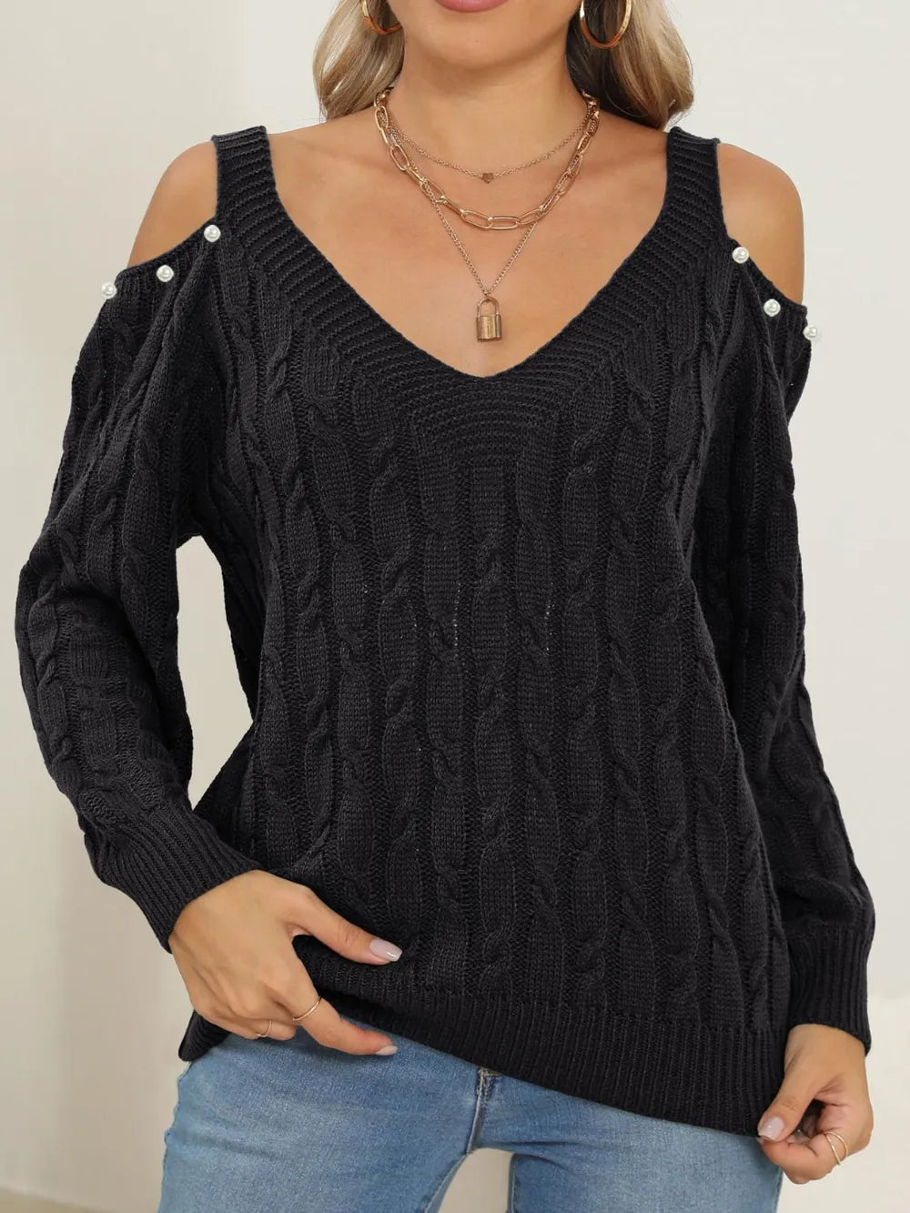 Women's autumn and winter deep V sexy off shoulder loose pullover sweater top for women - V.I.P Digital Presence