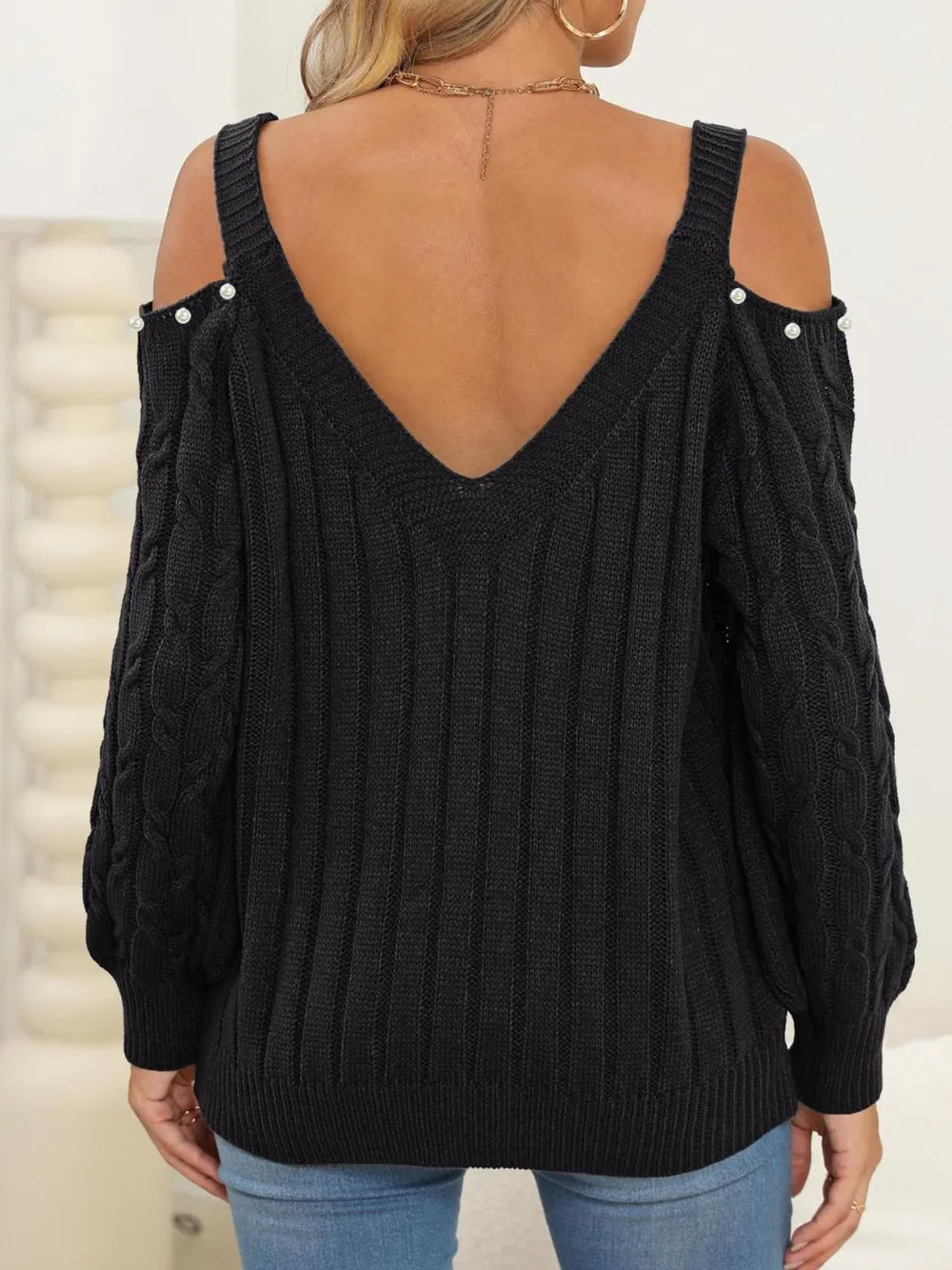 Women's autumn and winter deep V sexy off shoulder loose pullover sweater top for women - V.I.P Digital Presence