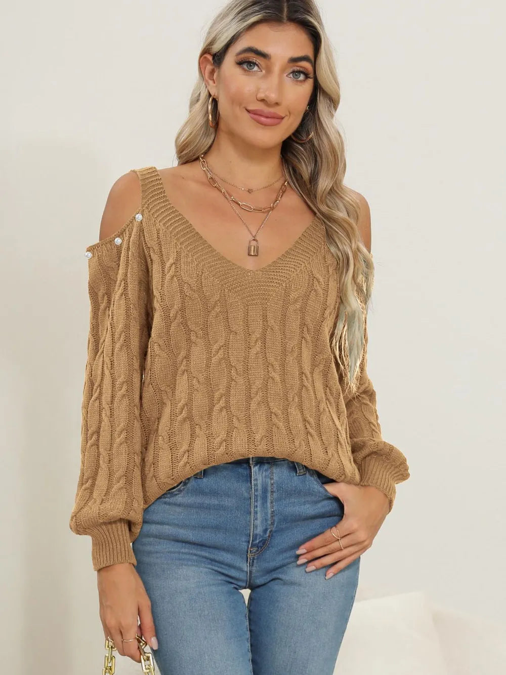 Women's autumn and winter deep V sexy off shoulder loose pullover sweater top for women - V.I.P Digital Presence