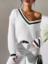Women's College Style Women's Sweater Color Contrasting V-neck Loose Sweater - V.I.P Digital Presence
