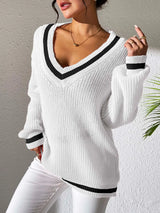Women's College Style Women's Sweater Color Contrasting V-neck Loose Sweater - V.I.P Digital Presence