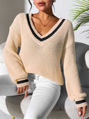 Women's College Style Women's Sweater Color Contrasting V-neck Loose Sweater - V.I.P Digital Presence
