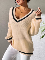 Women's College Style Women's Sweater Color Contrasting V-neck Loose Sweater - V.I.P Digital Presence