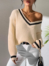 Women's College Style Women's Sweater Color Contrasting V-neck Loose Sweater - V.I.P Digital Presence
