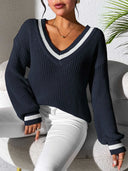 Women's College Style Women's Sweater Color Contrasting V-neck Loose Sweater - V.I.P Digital Presence
