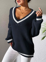Women's College Style Women's Sweater Color Contrasting V-neck Loose Sweater - V.I.P Digital Presence