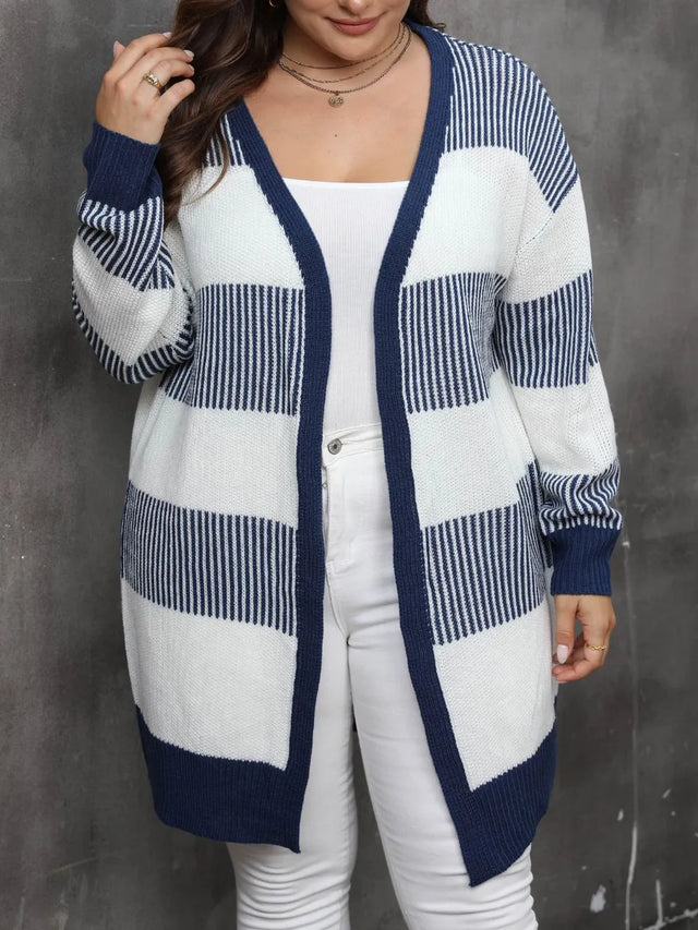 Women's contrasting striped spliced woven sweater long sleeved women's casual cardigan jacket - V.I.P Digital Presence
