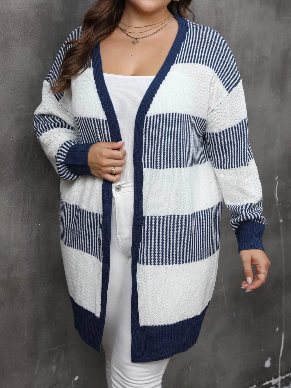 Women's contrasting striped spliced woven sweater long sleeved women's casual cardigan jacket - V.I.P Digital Presence