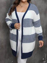 Women's contrasting striped spliced woven sweater long sleeved women's casual cardigan jacket - V.I.P Digital Presence