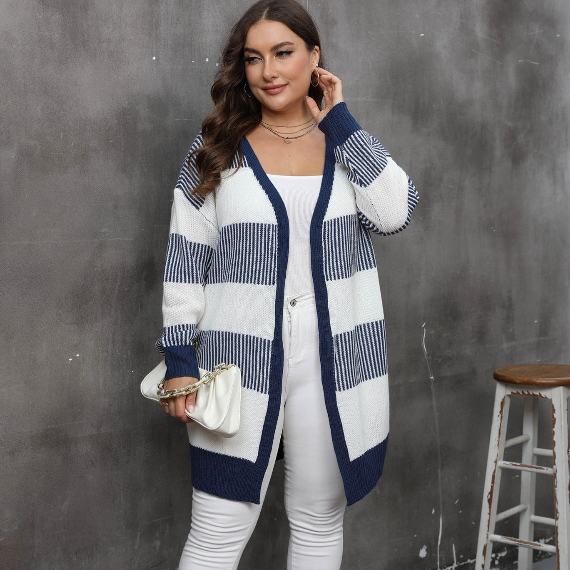 Women's contrasting striped spliced woven sweater long sleeved women's casual cardigan jacket - V.I.P Digital Presence