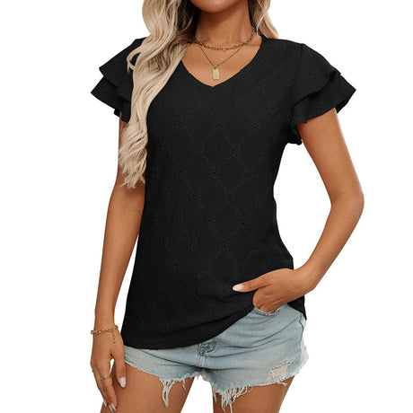 Women's European and American V-neck sweet short sleeved T-shirt hollowed out top - V.I.P Digital Presence