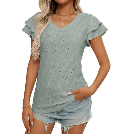 Women's European and American V-neck sweet short sleeved T-shirt hollowed out top - V.I.P Digital Presence
