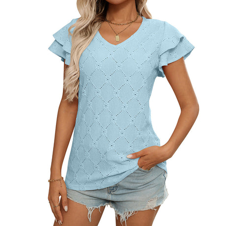 Women's European and American V-neck sweet short sleeved T-shirt hollowed out top - V.I.P Digital Presence