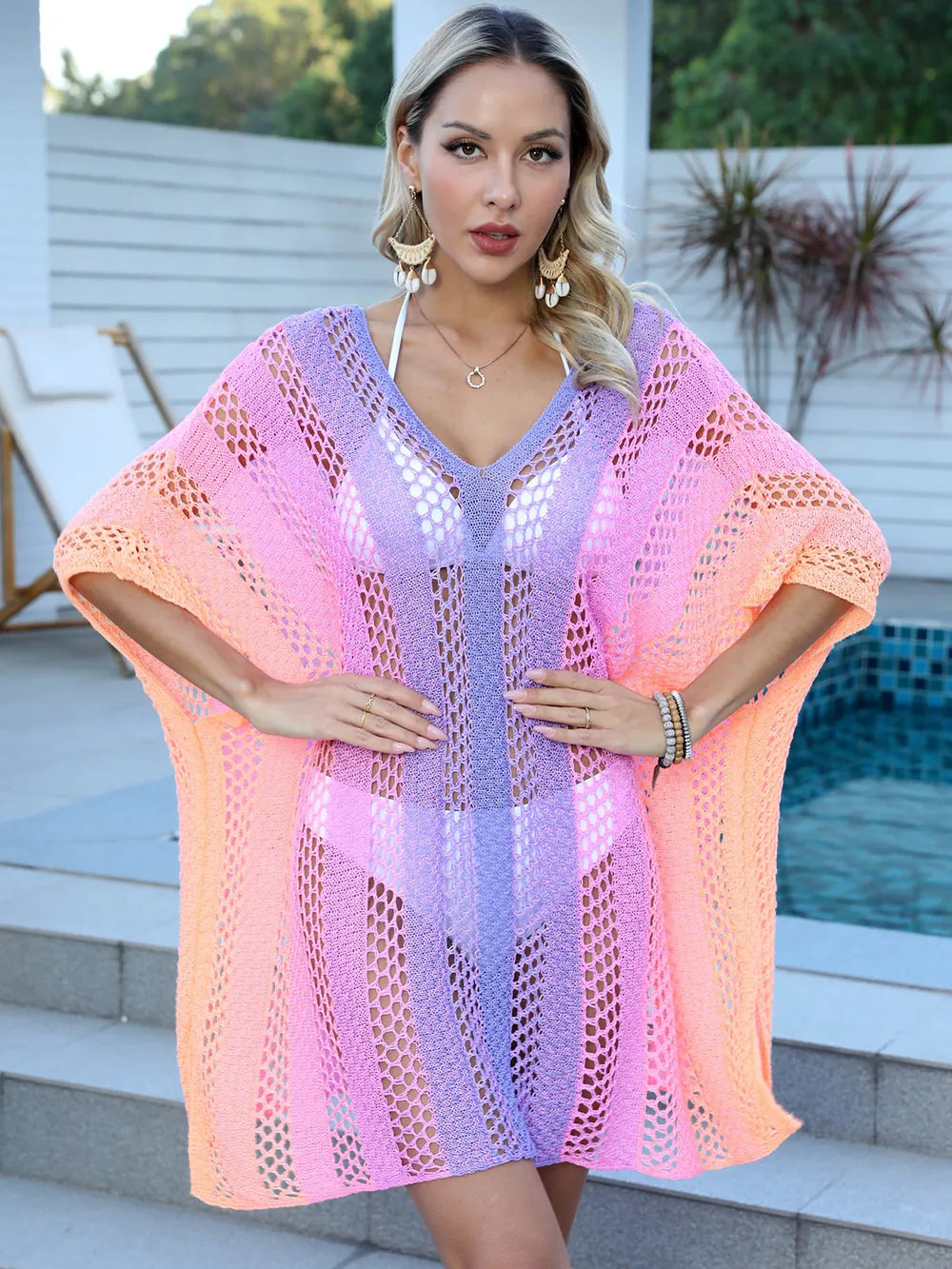 Women's gradient color hollow woven sweater loose casual bikini dress - V.I.P Digital Presence
