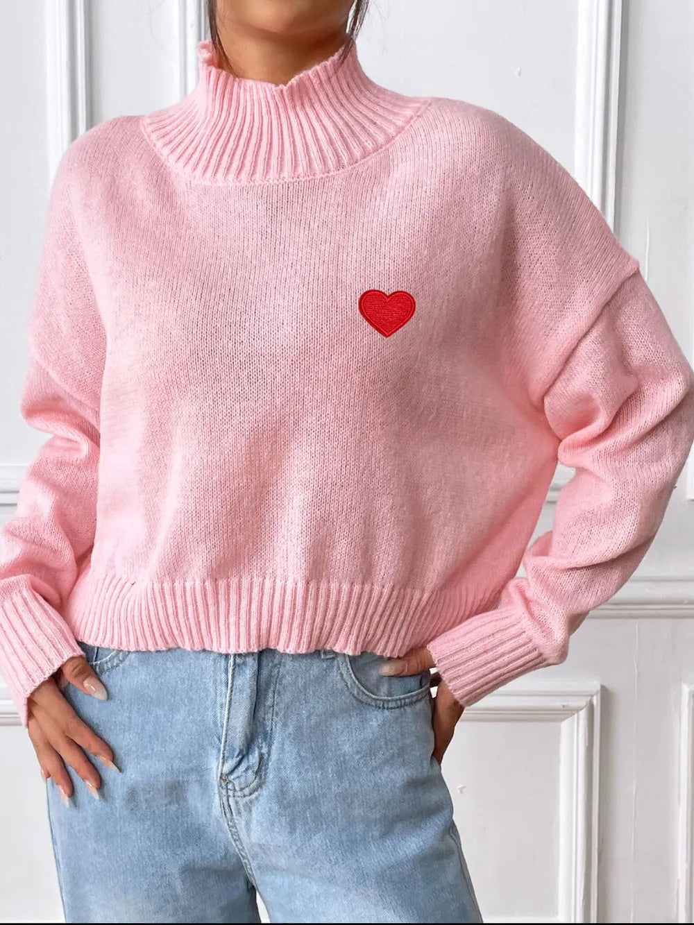 Women's high neck pullover sweater loose heart sticker casual base sweater - V.I.P Digital Presence