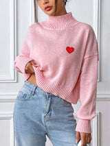 Women's high neck pullover sweater loose heart sticker casual base sweater - V.I.P Digital Presence