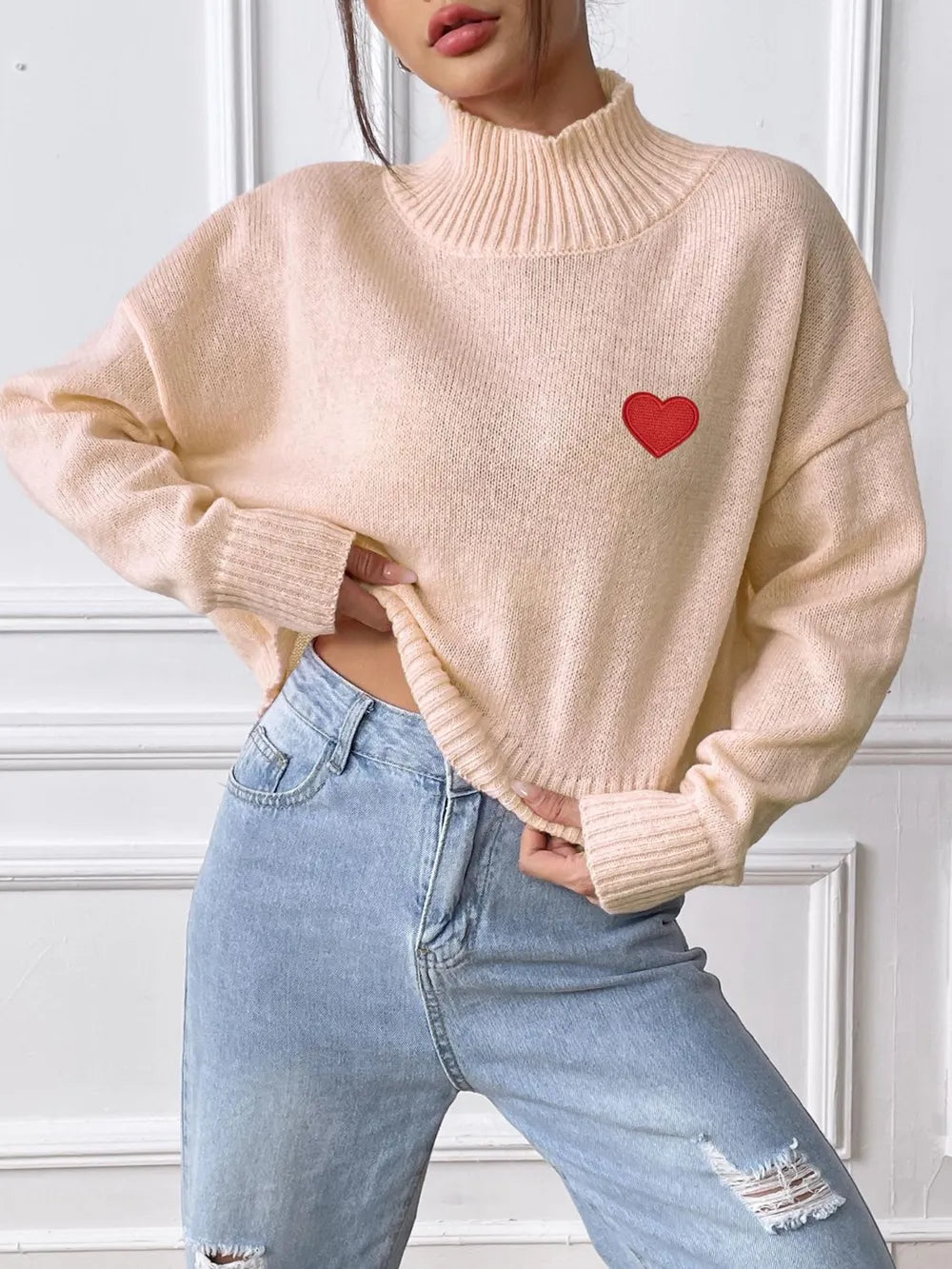 Women's high neck pullover sweater loose heart sticker casual base sweater - V.I.P Digital Presence