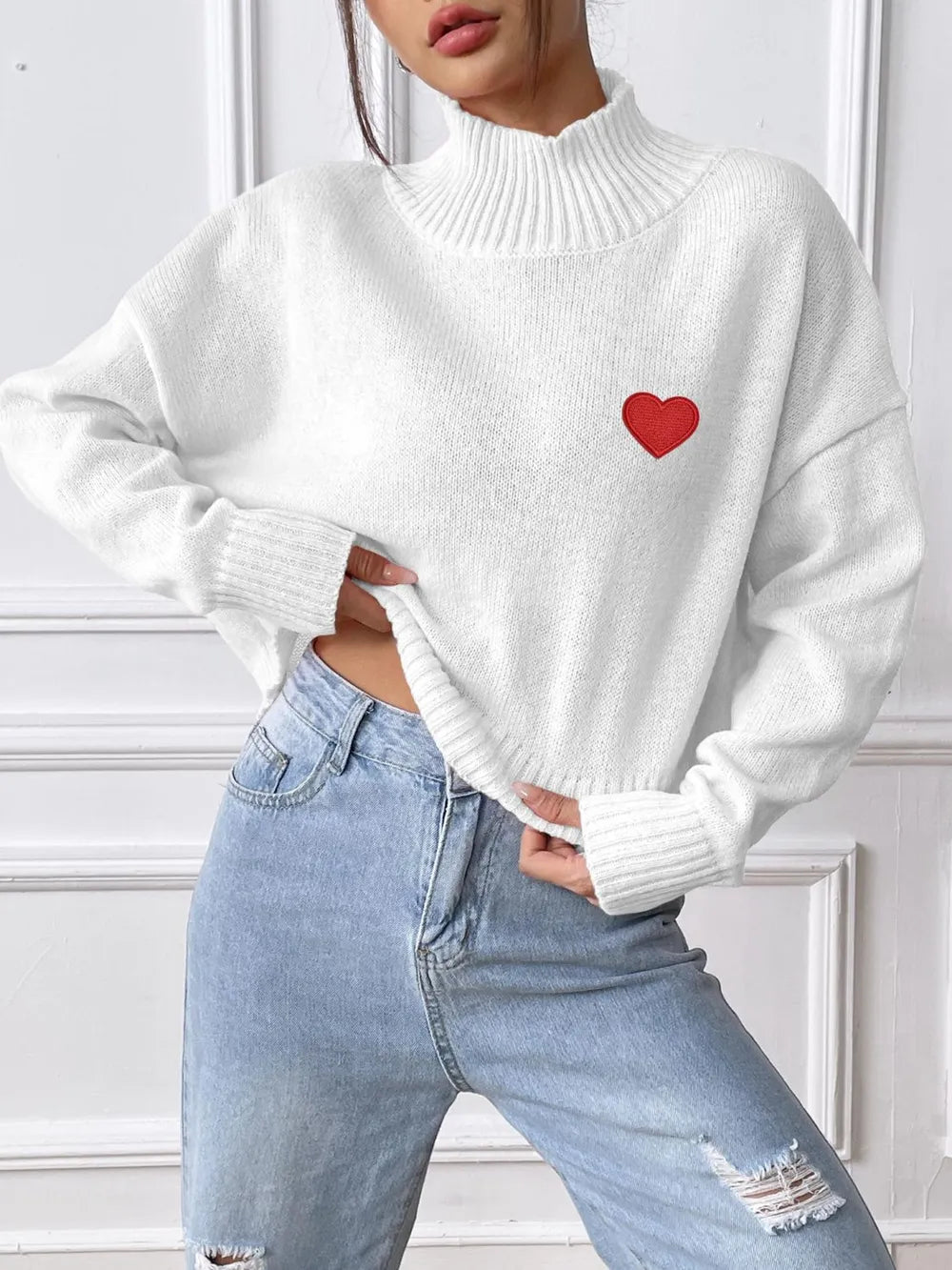 Women's high neck pullover sweater loose heart sticker casual base sweater - V.I.P Digital Presence