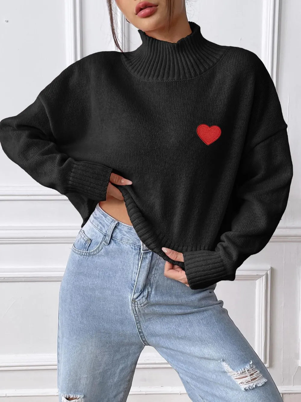 Women's high neck pullover sweater loose heart sticker casual base sweater - V.I.P Digital Presence