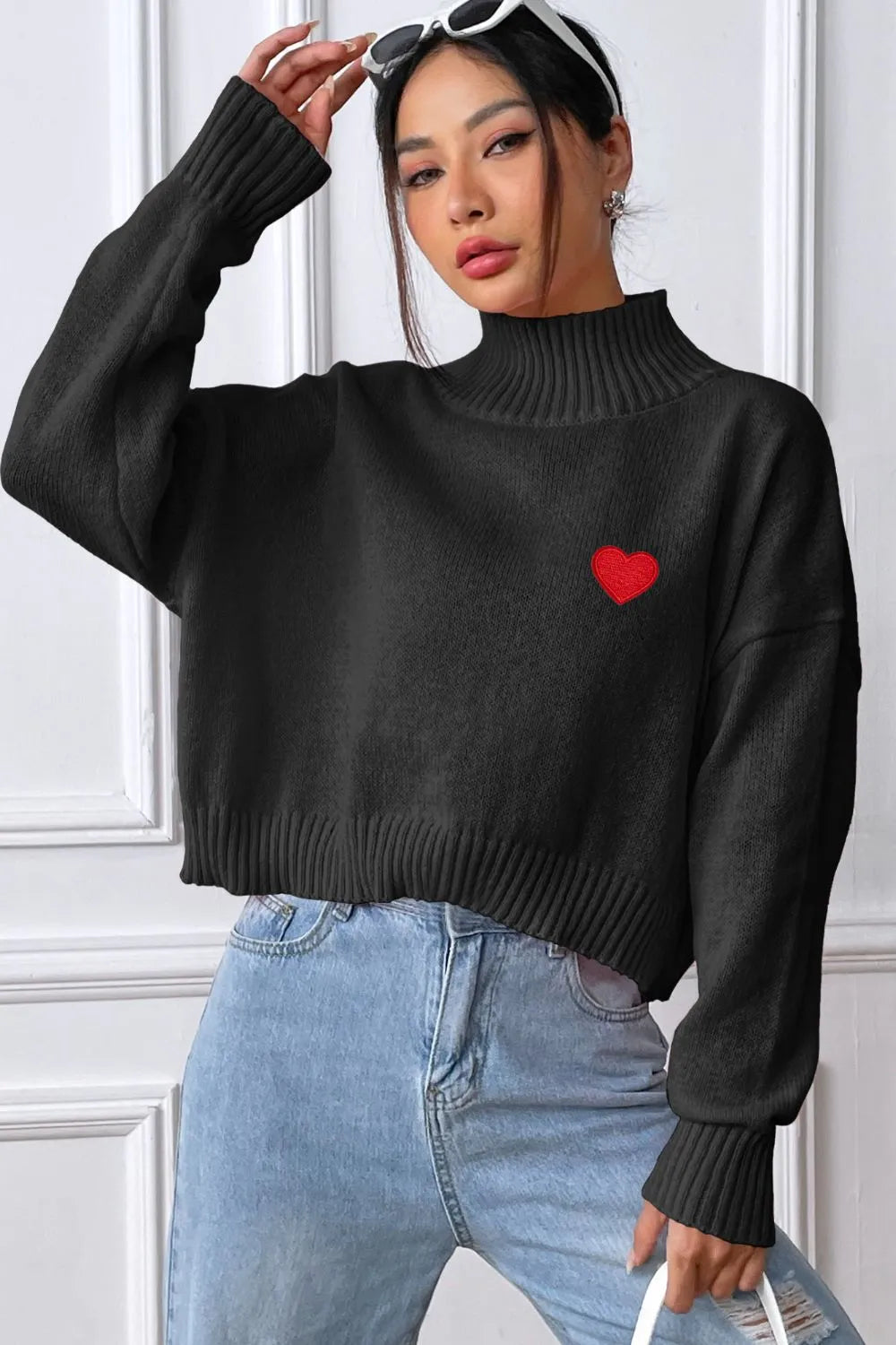 Women's high neck pullover sweater loose heart sticker casual base sweater - V.I.P Digital Presence