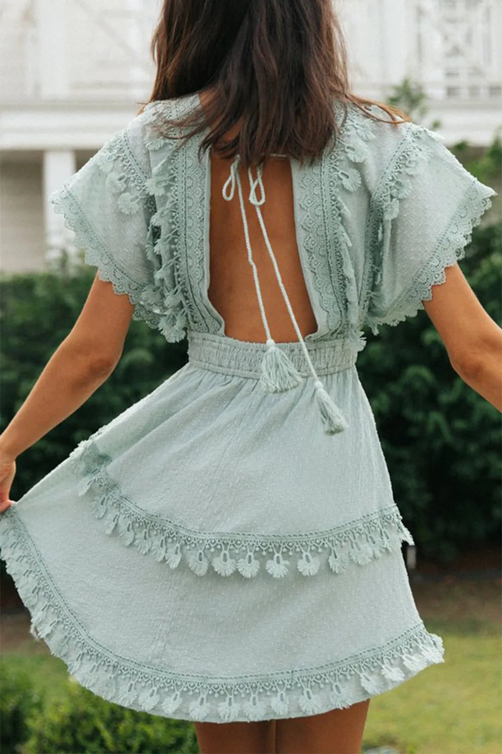 Women's lace patchwork lace up backless big swing batball sleeve dress - V.I.P Digital Presence