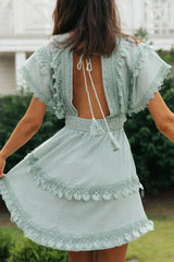 Women's lace patchwork lace up backless big swing batball sleeve dress - V.I.P Digital Presence