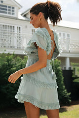 Women's lace patchwork lace up backless big swing batball sleeve dress - V.I.P Digital Presence